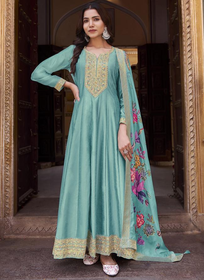 Dola Silk Sky Blue Wedding Wear Sequins Work Anarkali Suit